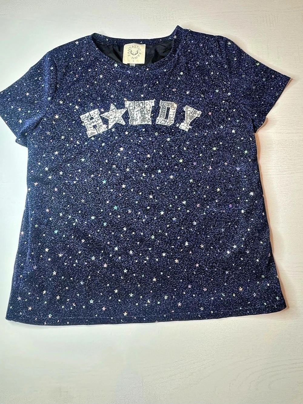 Fantastic Fawn Navy Sparkle HOWDY Sequin Star Top S